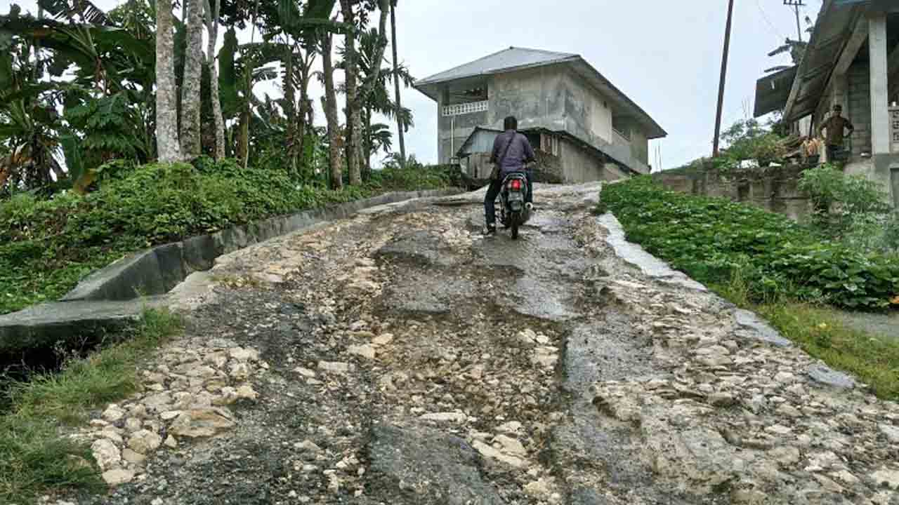 Kondisi jalan yang ruak parah di Desa Bawomataluo (Foto: Wilson Loi)