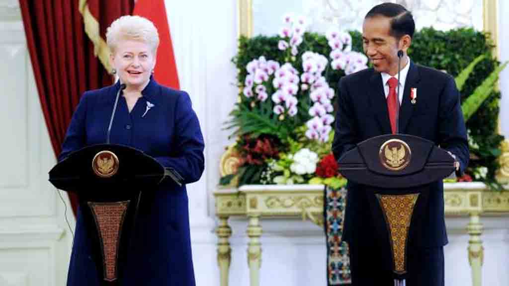 Presiden Jokowi saat menyampaikan pernyataan bersama dengan Presiden Dalia Grybauskaitè, di Istana Merdeka, Jakarta, Rabu,(17/5). (Foto: Ist)