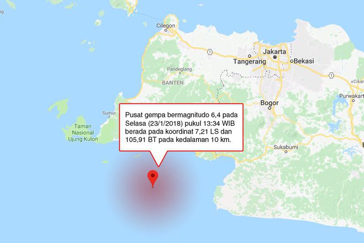 Pusat gempa berkekuatan M6,4 pada Senin (23/1/2018) pukul 13.34 WIB. Sumber: BMKG(GOOGLE MAPS)