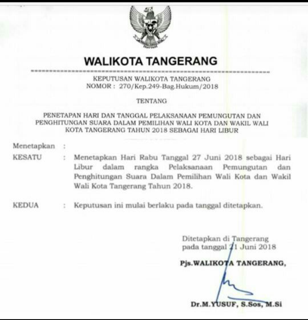 Pemkot Tangerang Keluarkan Surat Libur Pada 27 Juni