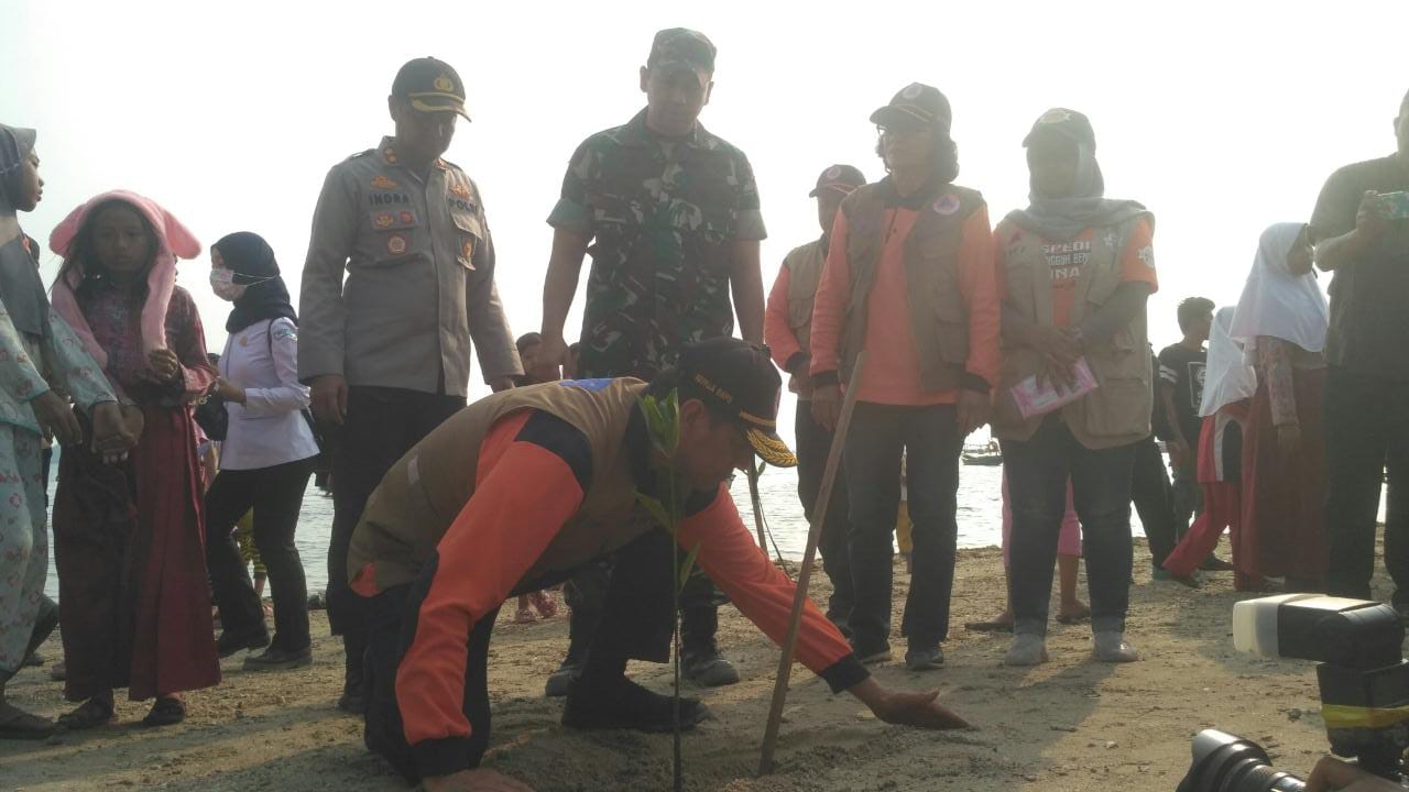 Kepala BNPB Letjen Doni Monardo melakukan penanaman pohon mangrove di pantai Labuan.(aep)