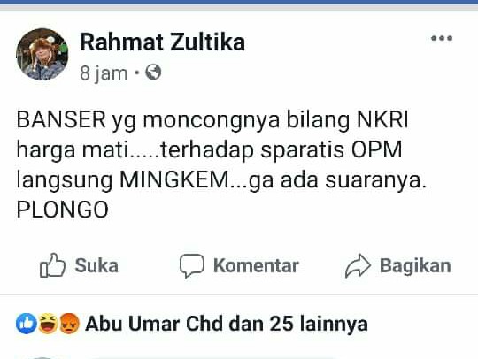 Screenshot postingan Rahmat Zultika di media sosial soal Banser yang berujung laporan GP Ansor ke polisi.(Facebook/Rahmat Zultika)