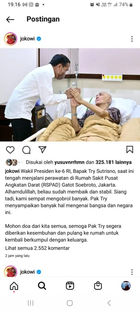 Besuk Try Sutrisno di RSPAD Gatot Soebroto, Presiden Jokowi: Sudah Lebih Sehat (Instgram Jokoqi/Tangkapan Layar)