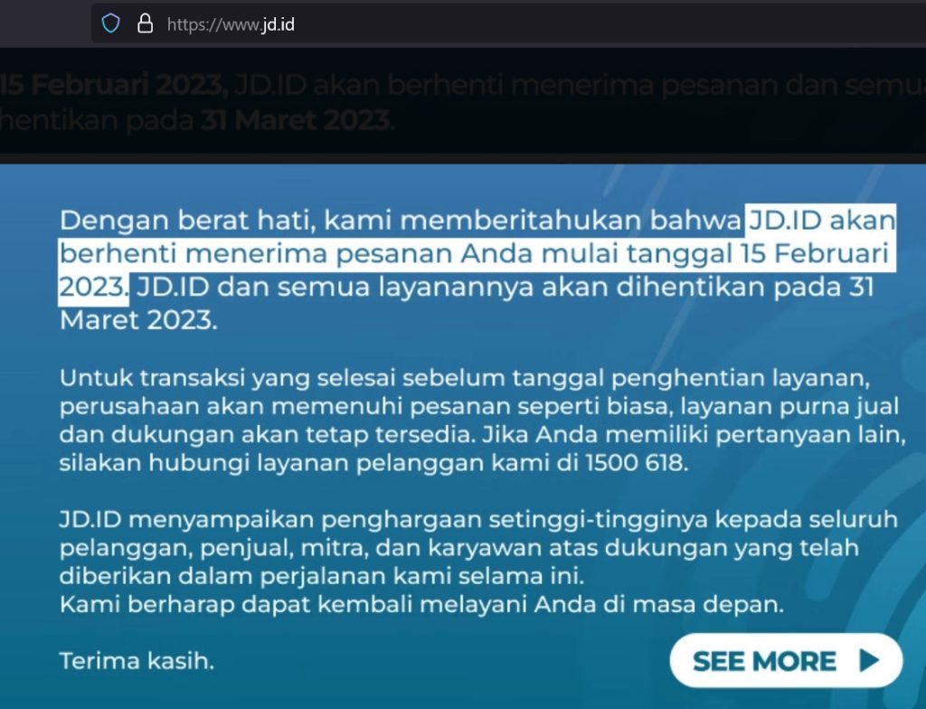 pemberitahuan pada laman resmi jd.id/tangkapan layar