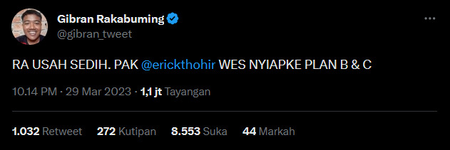 tweet Gibran yang berupaya menghibur warganet usai Indonesia gagal jadi tuan rumah Piala Dunia U-20 (@gibran_tweet/tangkapan layar)