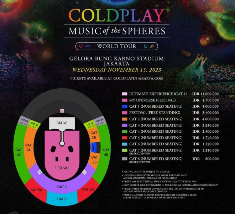 Layout dan Harga Tiket Konser Coldplay ( Tangkapan Layar Instagram @temgmt )