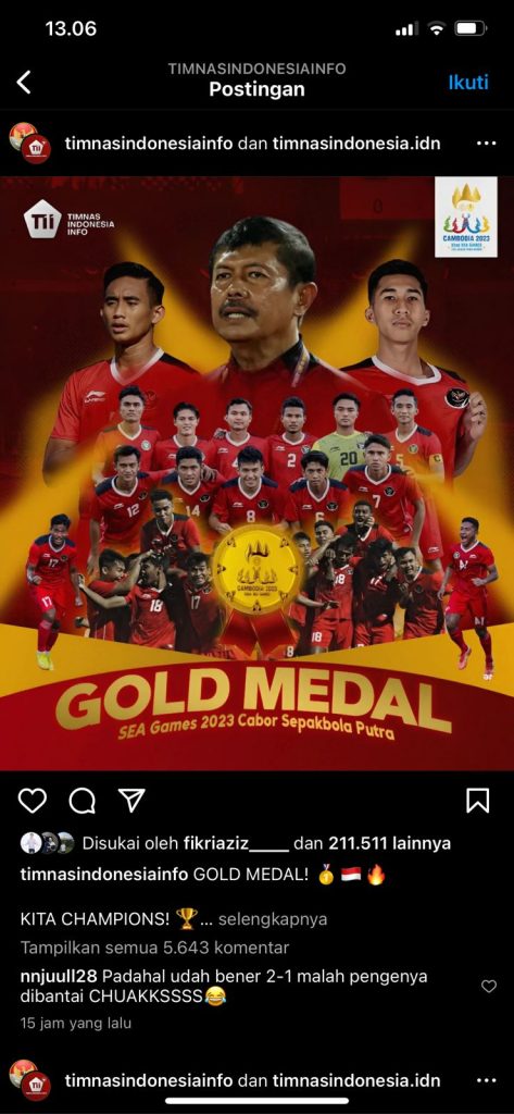 Timnas Sepakbola Indonesia Memperoleh Mendali Emas Setelah Penantian 32 Tahun ( Instagram @timnasindonesiainfo )