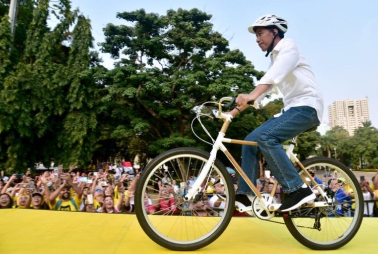 Presiden Jokowi saat menaiki sepeda bambu (Ist)