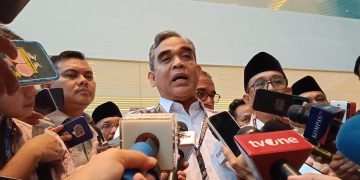 Sekjen partai Gerindra, Ahmad Muzani saat diwawancarai di JIExpo, Kemayoran, Jakarta Utara, pada Jum'at (15/12/2023). (Ilham/Suaranusantara)