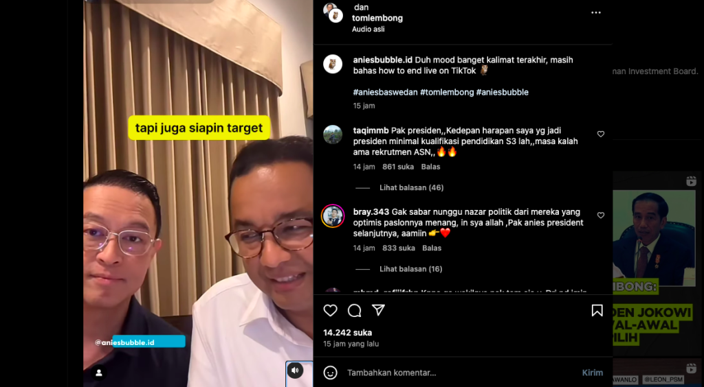 Tom Lembong saat live TikTok bersama Cawapres 01 Anies Baswedan, Sabtu 6 Januari 2024.(instagram)