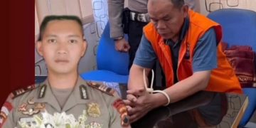 Kasat Reskrim Polres Solok Selatan AKP Ryanto Ulil Anshari tewas ditembak Kabag Ops AKP Dadang Iskandar. Dadang mengenakan baju tahanan warna oranye dengan tangan diikat kabel tis (Instagram @palembangadogalo)