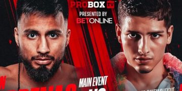 Poster pertandingan tinju Ramon Cardenas (kiri) akan menghadapi Bryan Acosta (kanan) untuk mempertahankan gelar juara kelas bantam super World Boxing Association (WBA) Kontinental Amerika Latin di San Antonio, Texas, pada 8 Februari 2025.