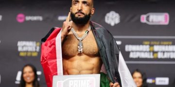 Juara kelas welter UFC Belal Muhammad memprotes bendera Palestina yang hilang dari profil laman resmi promotor olahraga seni bela diri campuran terbesar di dunia itu. (Laman MMA Fighting/Chris Unger/Zuffa LLC via Getty Images)