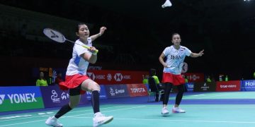 Ganda putri Indonesia Febriana Dwipuji Kusuma/Amalia Cahaya Pratiwi saat berlaga di babak 16 besar Thailand Open 2024 di Bangkok, Thailand, Kamis (16/5/2024).