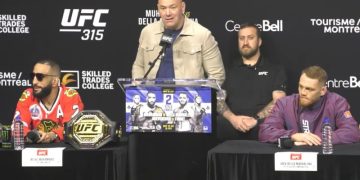 Tangkapan layar video CEO UFC Dana White (kedua kiri) memberikan keterangan dalam konferensi pers menjelang ajang UFC 315 di Montreal, Kanada, Kamis (8/5/2025).