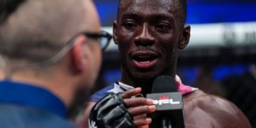 Petarung kelas welter PFL Thad Jean melaju ke final ajang PFL 5 setelah menumbangkan Jason Jackson dengan keputusan terbelah. (Laman MMA Fighting/Cooper Neill/Getty Images)