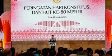 Ketua MPR RI Ahmad Muzani saat pidato dalam peringatan Hari Konstitusi yang berlangsung pada Senin malam 18 Agustus 2025 di Gedung MPR RI (Instagram @ahmadmuzani2)