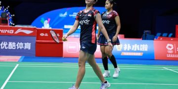 Pebulu tangkis ganda putri Indonesia Rachel Allessya Rose/Febi Setianingrum pada pertandingan China Masters 2025 yang berlangsung di Shenzen Arena, Chengdu, Kamis malam WIB (19/07/2025).
