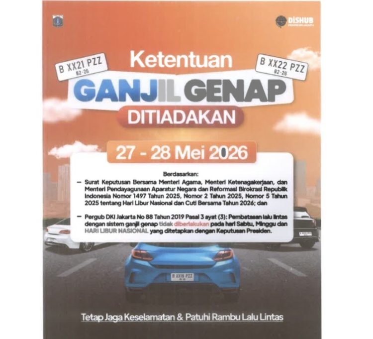 Pemprov DKI tiadakan ganjil genap pada 28-29 Mei 2026 (Dok Dishub DKI)
