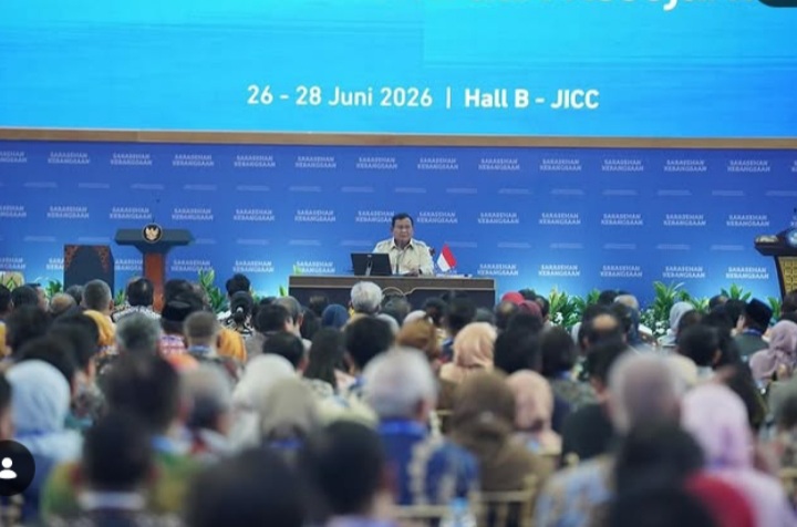 Presiden RI Prabowo Subianto bicara soal teknologi nuklir saat acara Sarasehan Kebangsaan Konvensi Sains, Teknologi, dan Industri (KSTI) 2026 di Jakarta Convention Center, Minggu 28 Juni 2026 (Instagram @sekretariat.kabinet)