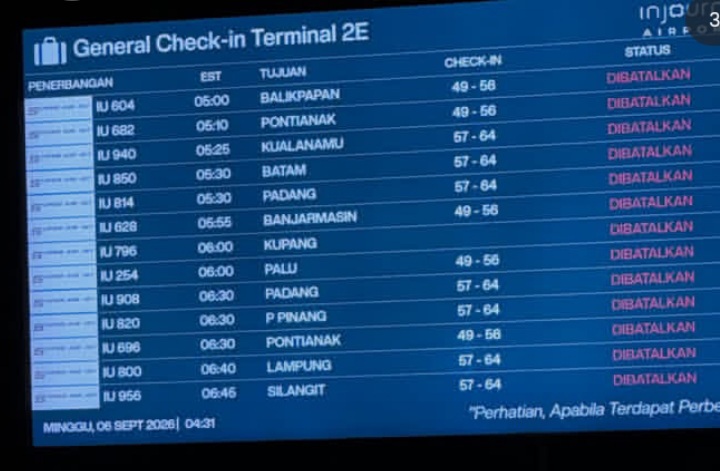 Bandara Soetta menjadi salah satu bandar udara yang ditutup aktivitas penerbangan imbas abu vulkanik Gunung Anak Krakatau yang melanda sejak Minggu pagi 6 September 2026 (Instagram @trensterid)