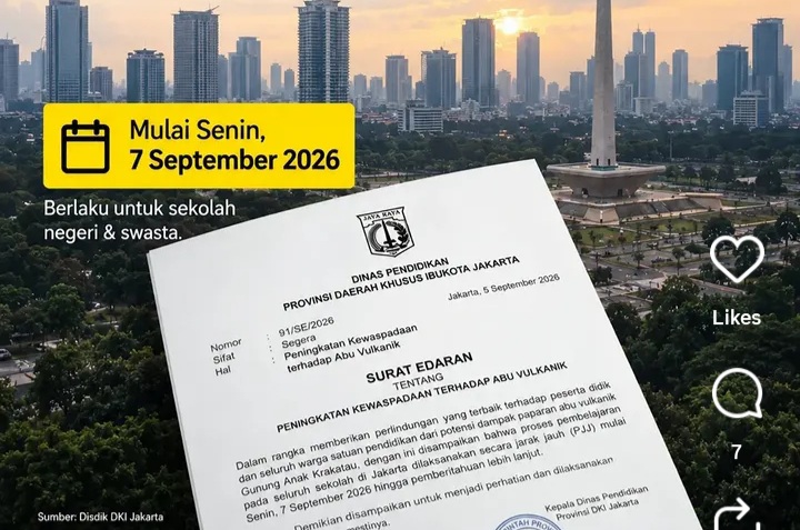 Sekolah di Jakarta hari ini Senin 7 September terapkan sistem belajar dari rumah atau PJJ imbas hujan abu vulkanik erupsi Gunung Anak Krakatau (Instagram @jakarta)
