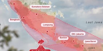 Ilustrasi peta sebaran abu vulkanik erupsi Gunung Anak Krakatau masih terjadi Senin 7 September 2026 (Instagram @fanybabyshop)